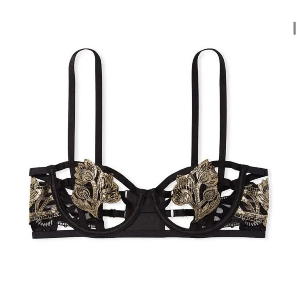Victoria's Secret Embroidered Open Cup‎ Bra String Bikini Set 36B / S Black Gold
